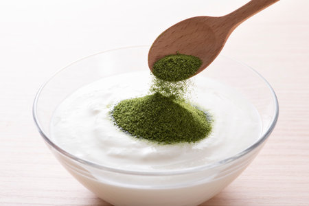 yogurt with green juice powderの写真素材