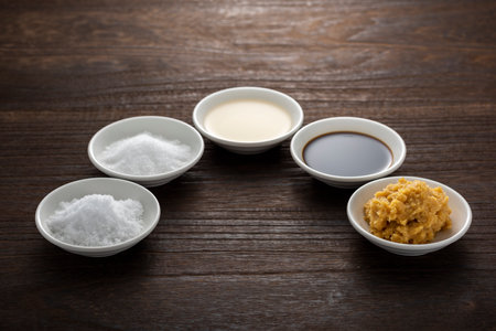 Sugar, Soy sauce, Vinegar, Salt, Miso, Basic seasoning of Japanese cuisineの写真素材