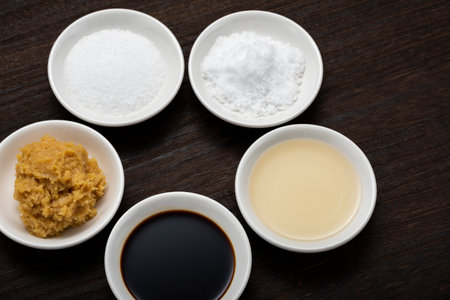 Sugar, Soy sauce, Vinegar, Salt, Miso, Basic seasoning of Japanese cuisine