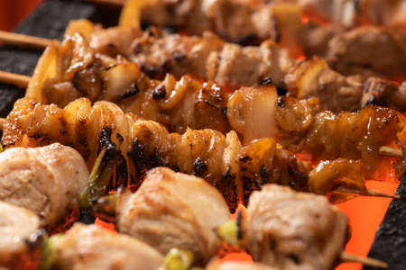 Charcoal-grilled Skewers chicken, close up.の写真素材