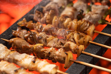 Charcoal-grilled Skewers chicken, close up.の写真素材