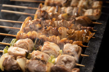 Charcoal-grilled Skewers chicken, close up.の写真素材