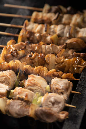 Charcoal-grilled Skewers chicken, close up.の写真素材