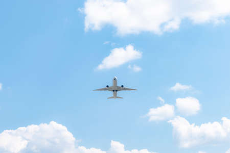 Airliner taking off in the blue sky.