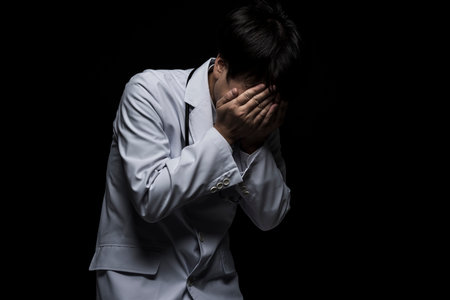 Doctor in lab coat on black background.の写真素材