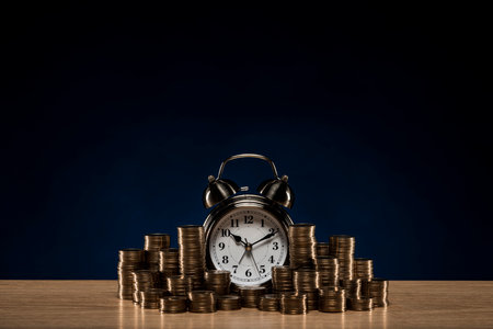 Clock and pile of coins, on wooden desk.の写真素材