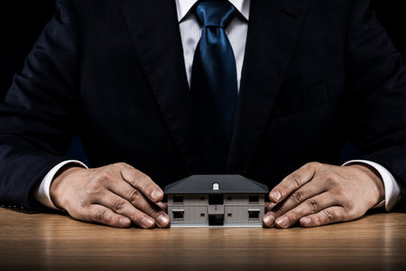 Businessman holding a house model in hand.の写真素材