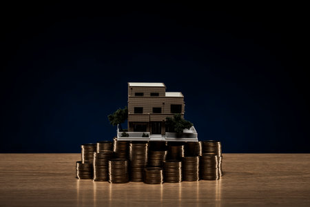 Pile of coins and house model.の写真素材
