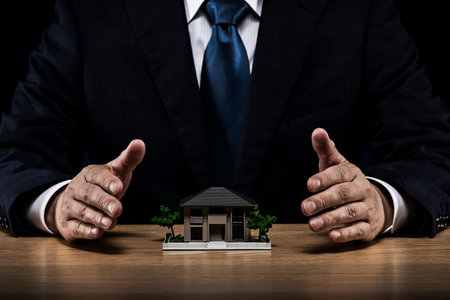 Businessman holding a house model in hand.の写真素材