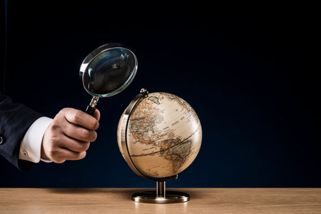 World globe on wooden desk. Businessman hand holding loupe in hand.の写真素材