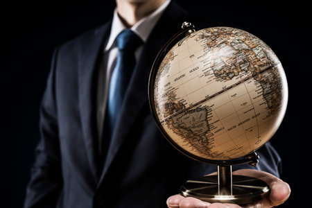 World globe on wooden desk. Businessman hand.の写真素材