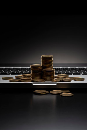 Lots of coins and laptop. Black background.の写真素材