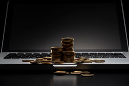 Lots of coins and laptop. Black background.の写真素材
