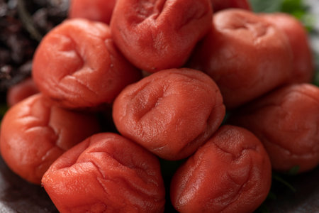 Japanese salt plums "Umeboshi". close up.の写真素材