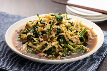 NIRABUTA. Stir-fried Chinese chive and pork. Japanese local food.の写真素材