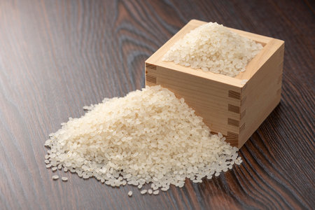 Rice in square wooden cupの写真素材