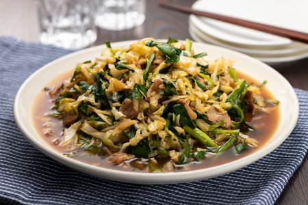 NIRABUTA. Stir-fried Chinese chive and pork. Japanese local food.の写真素材
