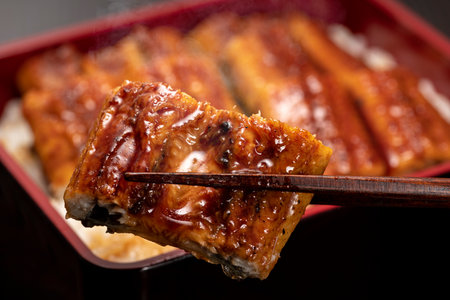 Una-juu. Grilled Eel rice in japanese square box tablewareの写真素材