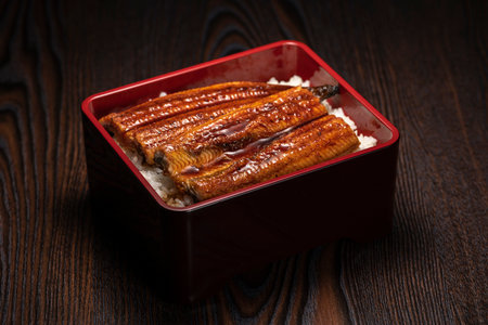 Una-juu. Grilled Eel rice in japanese square box tablewareの写真素材