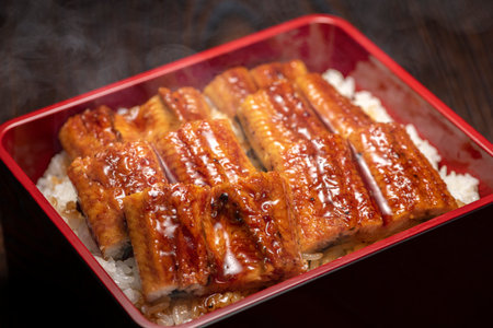 Una-juu. Grilled Eel rice in japanese square box tablewareの写真素材