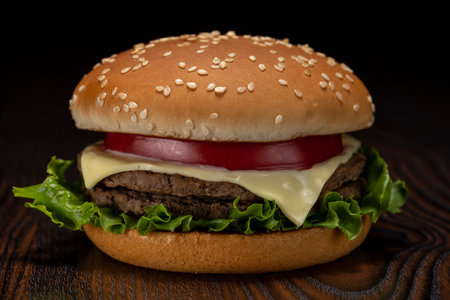 Junk food image. Hamburger on dark background.の写真素材