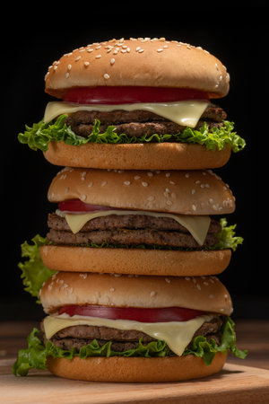 Hamburger stacked on a dark table backgroundの写真素材