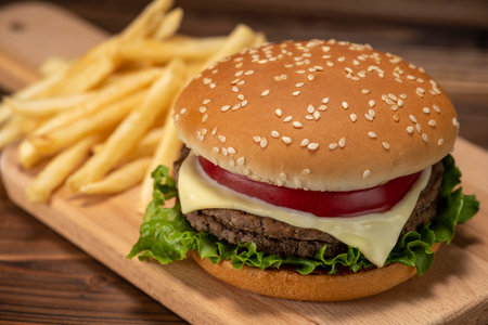 <p>Hamburger and french fries on the table</p>の写真素材