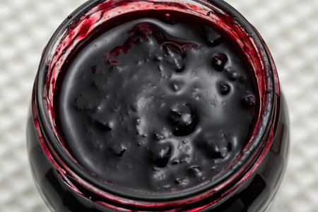 Close-up of a bottle of blueberry jamの写真素材