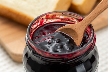 Close-up of a bottle of blueberry jamの写真素材