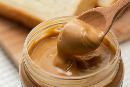 Close up of peanut butter in a jarの写真素材