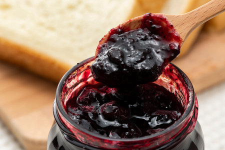 Close-up of a bottle of blueberry jamの写真素材