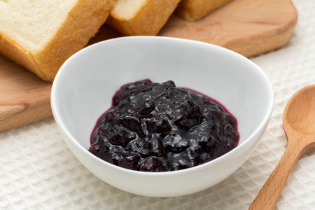 Blueberry jam on the tableの写真素材