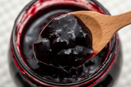 Close-up of a bottle of blueberry jamの写真素材