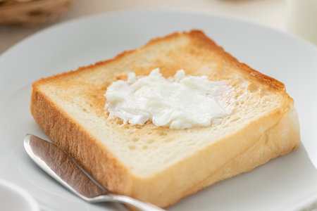 Spread margarine on toasted breadの写真素材
