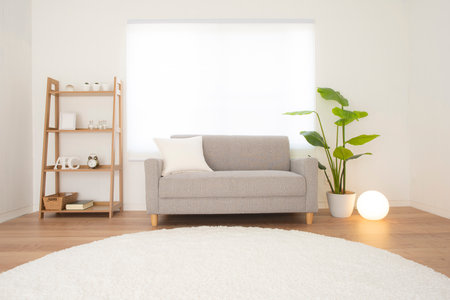 Modern living room in wooden houseの写真素材