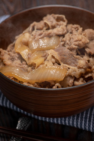 Bowl of rice topped with cooked beef and onions.の写真素材