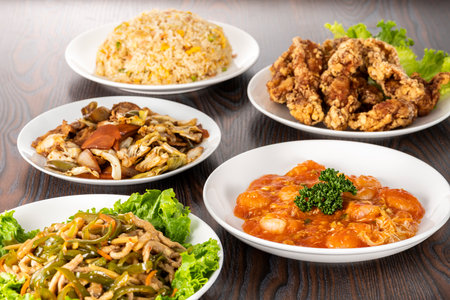 Chinese food arranged on a tableの写真素材
