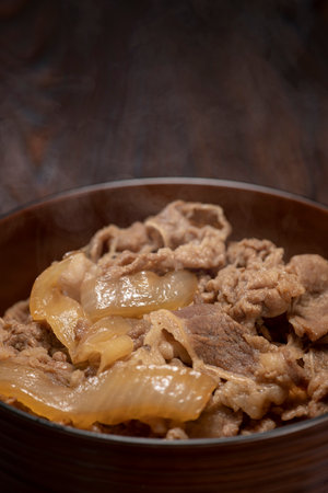 Bowl of rice topped with cooked beef and onions.の写真素材