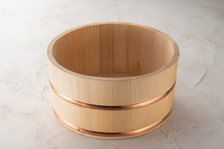 Japanese traditional wooden washbasin. Japanese hot springs.の写真素材