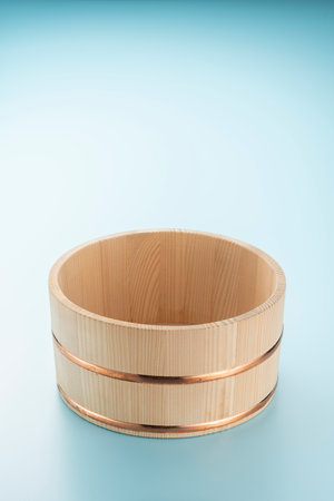Japanese traditional wooden washbasin. Japanese hot springs.の写真素材