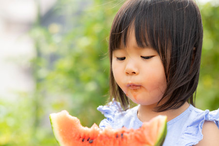 Little girl eating freshly picked watermelon in the fieldの写真素材
