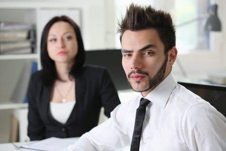Handsome smiling businessman in suit portrait at workplace look in camera. White collar worker at workspace, exchange market, job offer, certified public accountant, internal Revenue officer conceptの写真素材