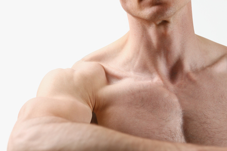Fitness man background shoulder biceps pectoral muscles triceps bodybuilder on a gray background demonstrates the physical form for classes in the gymの写真素材