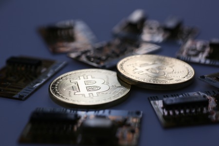 Coin crypto currency bitcoin against theの写真素材
