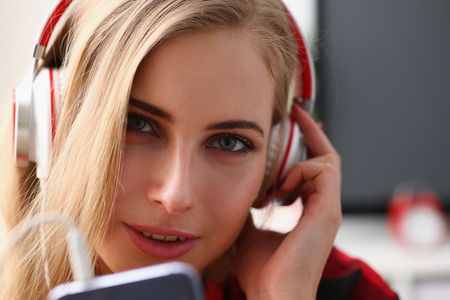 woman listen music headphones dream relaxの写真素材