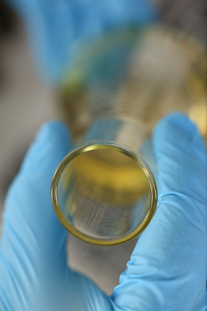 Male hands in protective gloves hold test tubeの写真素材