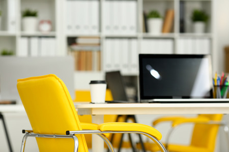 Empty workplace in office closeupの写真素材