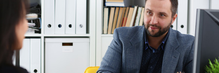 businessmen have a discussion woman give interview to manager would like to get new jobの写真素材