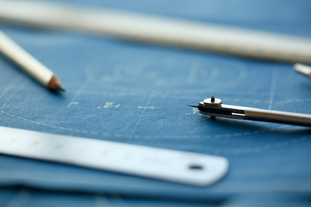 Engineering blueprint design for buildings of blue architecture tools to achieve a human activityの写真素材