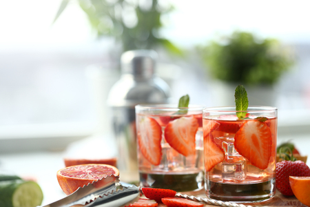 Strawberry punch home made cocktail closeupの写真素材